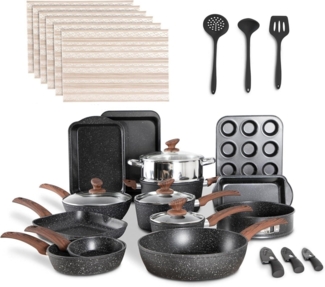 30-teiliges Induktions-Kochgeschirr-Set mit Granitbeschichtung & Glasdeckeln