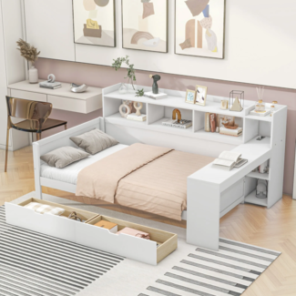 Jugendbett mit Schreibtisch und Bücherregal, 90x200 cm, Einzelbett mit Schubladen und Mehrfachsteckdose