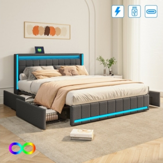 Furnishings Home Polsterbett Stauraumbett Doppelbett LED (1 tlg, Mit Vier extra große Schubladen), Mit LED-Beleuchtung, USB & TYPE-C Anschlüsse, Leinen, 140x200 cm