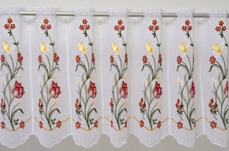Stickereien Plauen Scheibengardine Tulpe, Durchzuglöcher (1 St), transparent, Voile, veredelt mit echter Plauener Spitze Stickerei