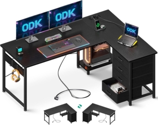 ODK Schreibtisch ODK Schreibtisch mit Schubladen, Steckdosen & USB, Schwarz, 135×100cm