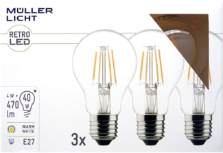 LED Filament Glühlampe, E27, 4W, 470lm, 2700K, warmweiß, 3er Set