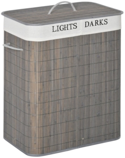 MC Star Wäschekorb 100L mit 2 Fächern aus Bambus, zusammenklappbarer Deckel (mit Griff, abnehmbarer und waschbarer Beutel in Grau)