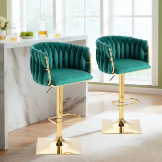 LVHOM Barhocker 2er Set, 360° drehbare moderne Samt-Barstühle, drehbare Küchenhocker, goldene Stuhlbeine