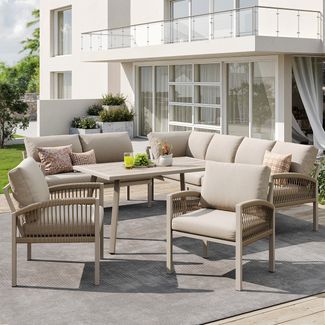 Merax Garten-Lounge-Set für 8 Personen mit verstellbaren Beine und Sitz- und Rückenkissen, Polyester / Metall, Beige