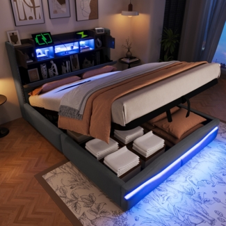 Merax Polsterbett, Doppelbett 140x200cm, mit UsB c steckdose Ladefunktion, Mit LED-Leuch, Kopfteil mit Staufach, Hydraulisch Stauraumbett, Grau