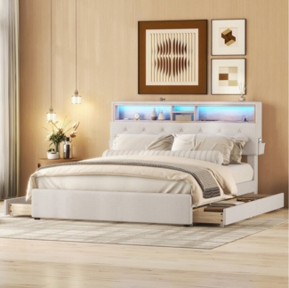 Ulife Polsterbett Doppelbett Stauraum-Kopfteil LED-Beleuchtung Funktionsbett, USB steckdose Verstellbares kopfteil 140x200cM mit vier schubladen