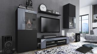 Vladon Wohnwand Movie, Anbauwand bestehend aus 1 TV-Board, 2 Vitrinen und 1 Regal, Schwarz matt/Schwarz matt/Grau Hochglanz (Gesamt: 300 x 190 x 39 cm)