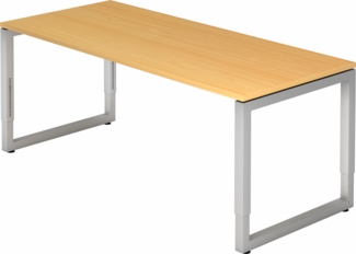 bümö höhenverstellbarer Schreibtisch R-Serie 180x80 cm in Buche, Gestell in Silber - großer PC Tisch für's Büro manuell höhenverstellbar, Computertisch verstellbar, RS-19-6-S