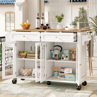 Servierwagen Küchenwagen Kücheninsel ausziehbar Sideboard mit Glas-Türen Schublade Regale Rollwagen Barwagen,Weiß