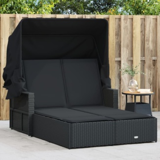 vidaXL Doppel-Sonnenliege mit Dach und Auflagen Schwarz Poly Rattan 365807