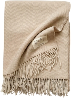 WoolOnly Wolldecke Plaid mit Fransen 130x180 cm, Herringbone Leinen-natur