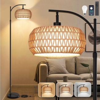 Jibenhome Stehlampe Rattan Stehlampe mit Fernbedienung,Dimmbare Vintage Stehlampe, 175cm,APP-Steuerung,für Schlafzimmer, Wohnzimmer, Büro