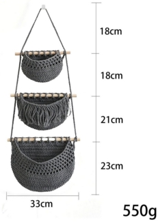Jumpeak Hängeaufbewahrung Obstkorb Hängend 3 Etagen,Hängekörbe,Wandhängetasche, Hängetasche, Deko-Objekte,Hängeaufbewahrung,Baumwolle-Leinen,Multifunktional