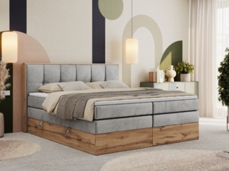 Boxspringbett, Doppelbett mit zwei 7 Härtezonen Multipocket-Matratzen, Bettkästen, Eiche Wotan Holzrahmen, Polsterbett mit Topper-Matratze - ALBERO 1 KING - 160 x 200 cm - Hellgrau Velours - H4