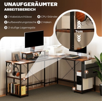 MC Star Gamingtisch L-förmiger Schreibtisch 168 x 120 cm Eckschreibtisch mit Ablagefächern (Aufbewahrungstasche Umkehrbar Computertisch mit Monitorständer GamingTisch für Büro, Heimbüro, Rustikal-Braun)