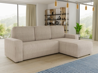 Sofnet Ecksofa 'Roma L' mit Schlaffunktion und Bettkasten, Cord Stoff Beige, 236 x 150 x 90 cm