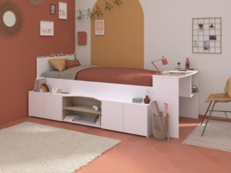 Vente-unique - Kombibett 90 x 190/200 cm mit Schreibtisch & Stauraum + Lattenrost - Weiß & Holzfarben - JOCHIANE