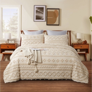 wohnTRAUM24 Bettwäsche Bettwäsche Getuftet 135x200,200x200cm,Stickerei Shabby Chic Bettbezug, Boho-Stickerei Bettwäsche-set mit Reißverschluss,Kissenbezug 80x80cm