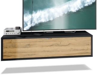 TV Board Lana 120 Hängeschrank Lowboard 120 x 29 x 37 cm, Korpus in Schwarz Matt, Fronten in Eiche Natur