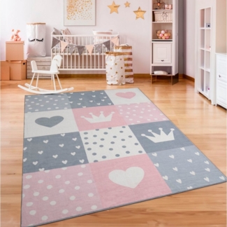 Paco Home Kinderteppich Eliz 391, rechteckig, Höhe: 12 mm, Kurzflor, Spielteppich, Patchwork-Muster, Motiv Krone, Herz & Punkte