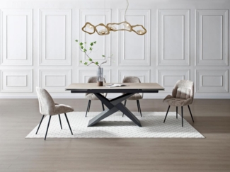 Vente-unique - Esstisch ausziehbar - 6 bis 10 Personen - Keramik, Glas & Metall - Travertin-Optik Beige & Schwarz - LIONIZA von Maison Céphy