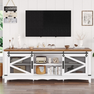 GarveeMore TV-Schrank mit Schiebetüren,Ablagefächern und verstellbarem Regal,Weiß Moderner Landhaus-TV-Ständer für bis zu 75-Zoll-Fernseher,167 x 40 x 71 cm