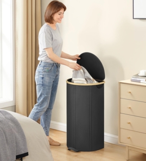SONGMICS Wäschekorb, Wäschesammler, 90 Liter, Wäschetonne mit Deckel, Wäschesack herausnehmbar, für Waschküche, Schlafzimmer, Wohnzimmer, tintenschwarz-naturbeige