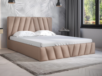 Vente-unique - Bett mit Bettkasten - 160 x 200 cm - Samt - Beige + Matratze - LIDAMA von Pascal Morabito