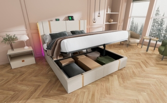 Polsterbett 160x200 cm mit Bettkasten, hydraulisch, RGB-LED & USB‑Typ‑C, beige Leinen,Es gibt ein Matratzenlager.