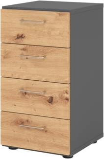 bümö smart Schubladenschrank, Büroschrank in Graphit/Asteiche mit 4 Schüben - Bürocontainer aus Holz, Container mit Metallgriffen & Soft-Stop Schubladen, 924S4-G-R-BS
