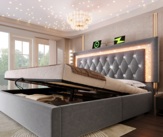 Polsterbett Doppelbett, mit LED-Diamantstreifen im Kopfteil USB Type-C Ladestation hydraulischem Stauraum Jugendbett Lattenrost modernes Funktionsbett ohne Matratze, Samt, Grau, 140 x 200 cm