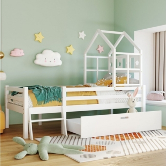Flieks Hochbett Kinderbett Hausbett mit Schublade und Leiter 90x200 cm Kiefer