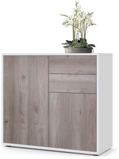 Vladon Sideboard Ben, Kommode mit 2 Türen und 2 Schubladen, Weiß matt/Eiche Nordic (79 x 74 x 36 cm)