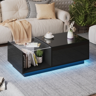 Couchtisch mit LED-App-Steuerung, Hochglanz, Lift-Top, Stauraum & Glasfach – Wohnzimmertisch modern,Schwarz