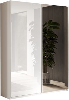 Schwebetürenschrank >Salva< 2 Böden, 2 Stangen, Spiegel, Weiß Hochglanz/Weiß - 180x210x55cm B/H/T