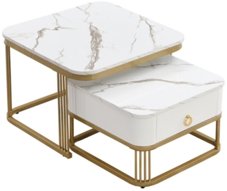 Refined Living Couchtisch Stapelbarer Couchtisch Wohnzimmertisch zweiteiliges Set (2er-Set. Stapelbarer Satztisch, 2-St, hochglänzende Marmoroptik, Glasplatte, Metallrahmen), Beistelltisch mit Schubladen, 60*60*45+50*50*34 cm