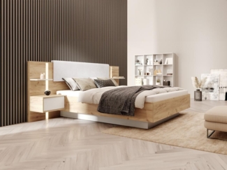 Vente-unique - Bett mit Bettkasten mit Nachttischen - 160 x 200 cm - Mit LED-Beleuchtung - Holzfarben & Weiß - ELYNIA