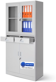 Vitrinenschrank abschließbar CENO - Glastüren, 4 Ebenen | Büroschrank aus Stahl Aktenschrank mit Glasfenster Metallschrank Mehrzweckschrank, 185x90x40cm Grau