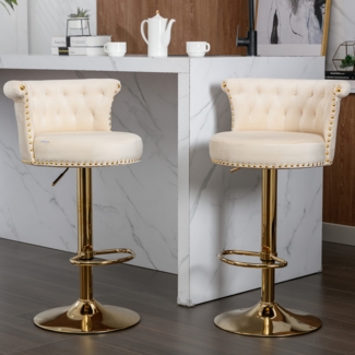 LVHOM Barhocker, 2er Set, Barstuhl, höhenverstellbar, 360° drehbar, Küchenstuhl, mit Rückenlehne, Sockel, Fußstütze, für Theke, Bar, Esszimmer