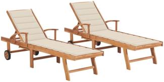 vidaXL Sonnenliegen 2 Stk. mit Creme Auflagen Massivholz Teak 3073188