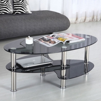 JEOBEST Couchtisch Couchtischen Beistelltisch für Wohnzimmer, Glastisch, Transparent, 2 Ebenen, oval, Modern Design, Rahmen aus Edelstahl