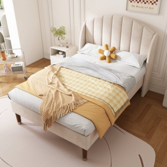 OKWISH Polsterbett Jugendbett Kinder Bett Kinderbett Hausbett gepolsteres Bettgestell (Stahlrahmen mit Holz-Lattenrost Einfache Montage, Beige Einzelbett 90x200 cm ohne Matratze), Samt Bezug weich und hoch Kopfteil Polsterung aus Schaum