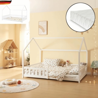 DELUKE® Kinderbett 140x200 OKLA - mit Matratze Lattenrost Rausfallschutz Haus-OptikEinzelbett aus Holz Hausbett Kinderzimmer Montessori Bett Weiß