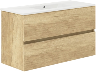 Baikal, Natura Badezimmermöbel mit reduziertem Boden, mit Keramikwaschbecken, Aufteilung mit Zwei Schubladen, montierter Schrank, Zwei Schubladen ohne Spiegel, Tiefe 39 cm, 100 cm, Natur