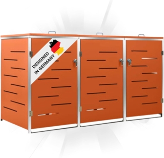DELUKE® 3er Mülltonnenbox JAGU Edelstahl Orange 115x207x77,5cm Mülltonnenverkleidung für 3 Tonnen 240L Müllbox aus Metall Mülltonnenschutz Mülltonnendach