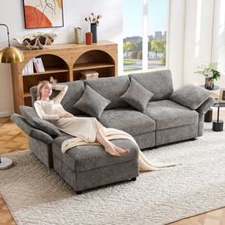 i@home Ecksofa L-förmiges Sofa, 3-Sitzer-Schlafsofa, mit Fußhocker und 4 Kissen, verstellbare Armlehnen,Beige/Grau