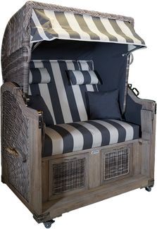 Strandkorb Teak Grey Washed grau / weiß Stoff 2 Sitzer Voll-Liegemod.