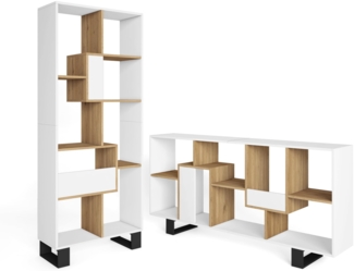 Skraut Home | Bücherregal Bibliothek | Bookshelf, Bookcase | 174 x 67 x 31 cm | Industriedesign | Moderner Stil | Weiß und Eiche