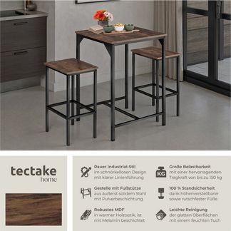 tectake Stehtisch Barset (1-St, 3 tlg), 3er-Set aus Bartisch und zwei Barhockern im trendigen Industrial-Look